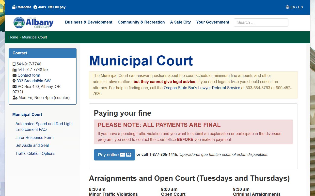 Albany Municipal Court page for traffic ticket records and court information