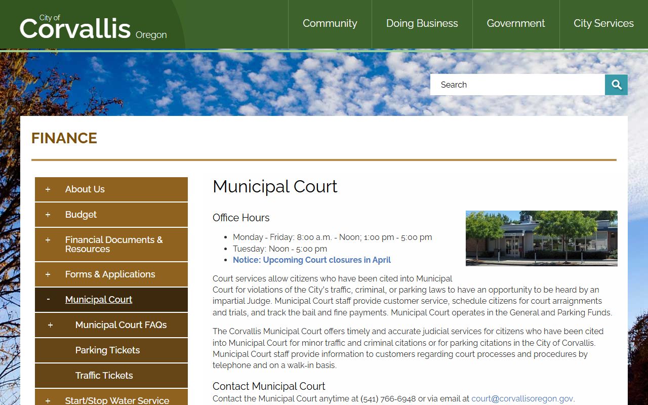 Corvallis Municipal Court page for traffic ticket records and court services
