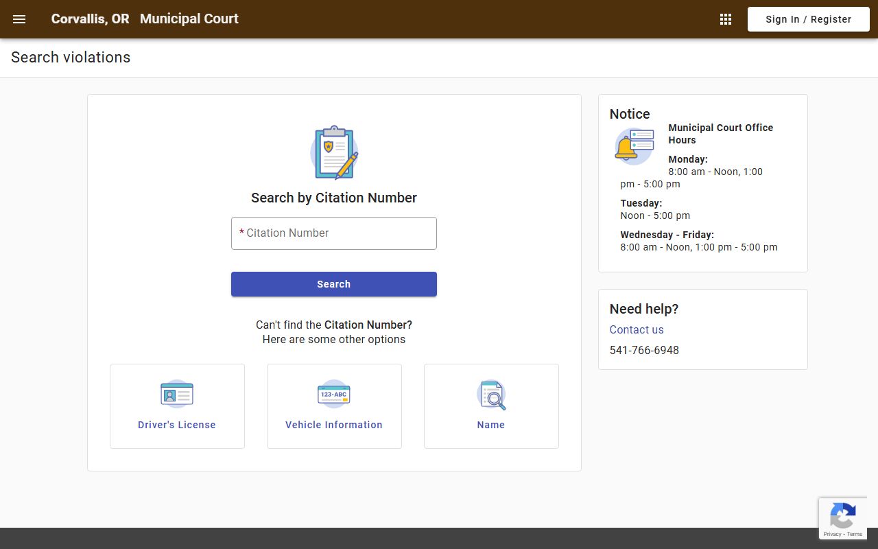 Corvallis online payment portal for traffic ticket records and fine payments