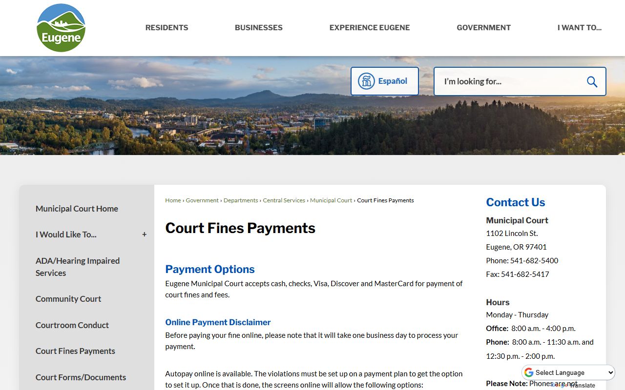 Eugene Municipal Court fines and payments page for traffic ticket records