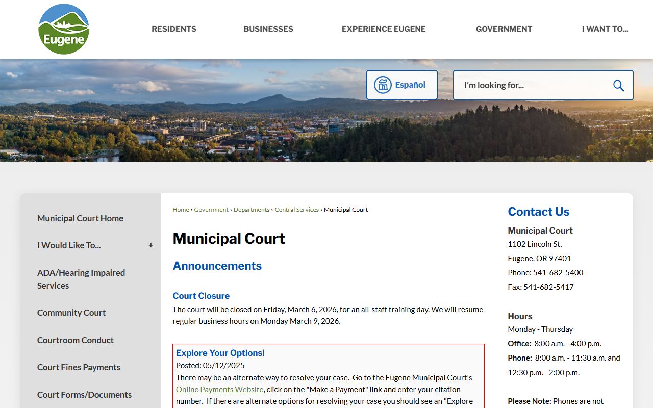 Eugene Municipal Court page for traffic ticket records and case information