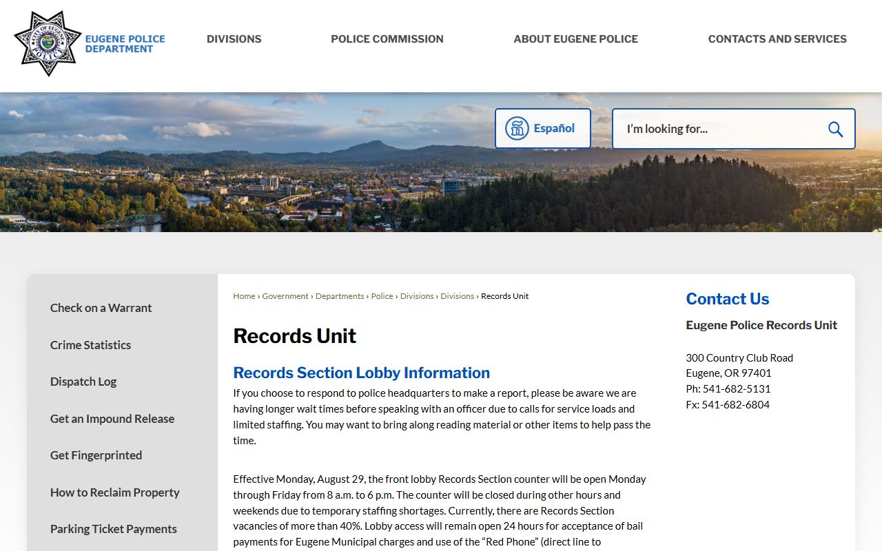 Eugene Police Records Unit page for traffic ticket records and citation copies