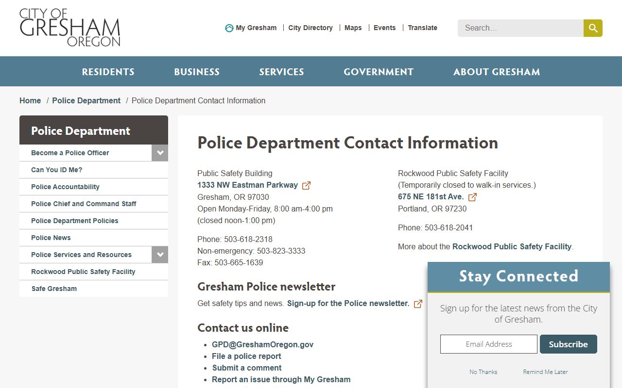 Gresham Police contact page with phone numbers for traffic ticket records requests