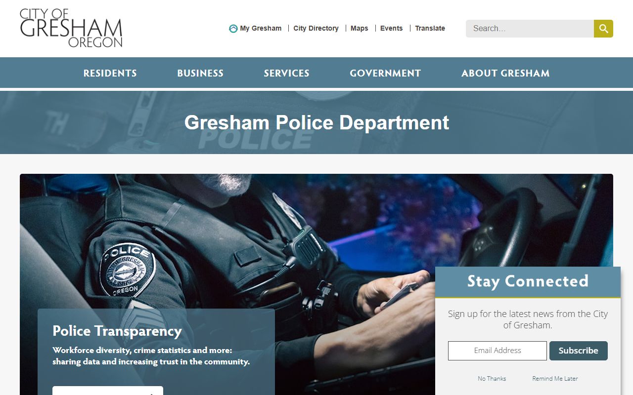 Gresham Police Department page with traffic ticket records and contact information