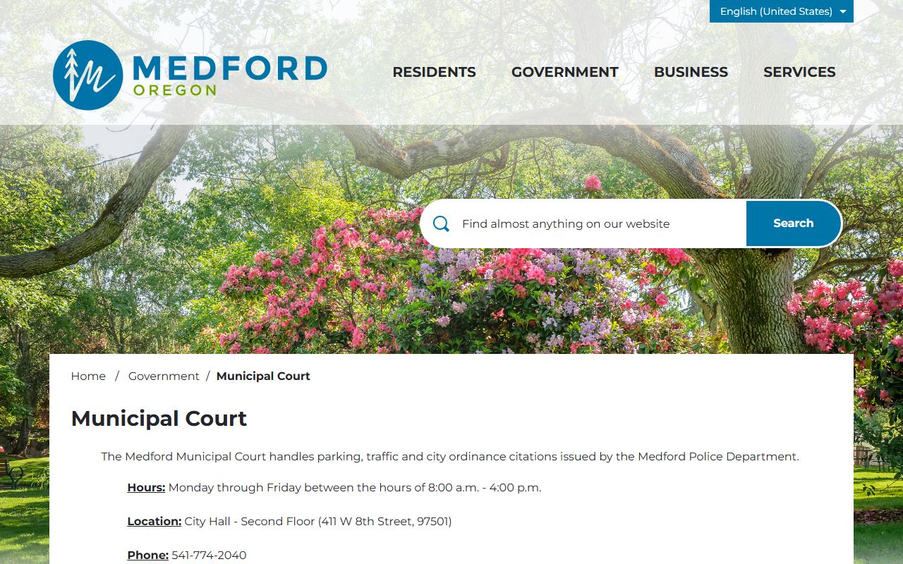 Medford Municipal Court page for traffic ticket records and court services
