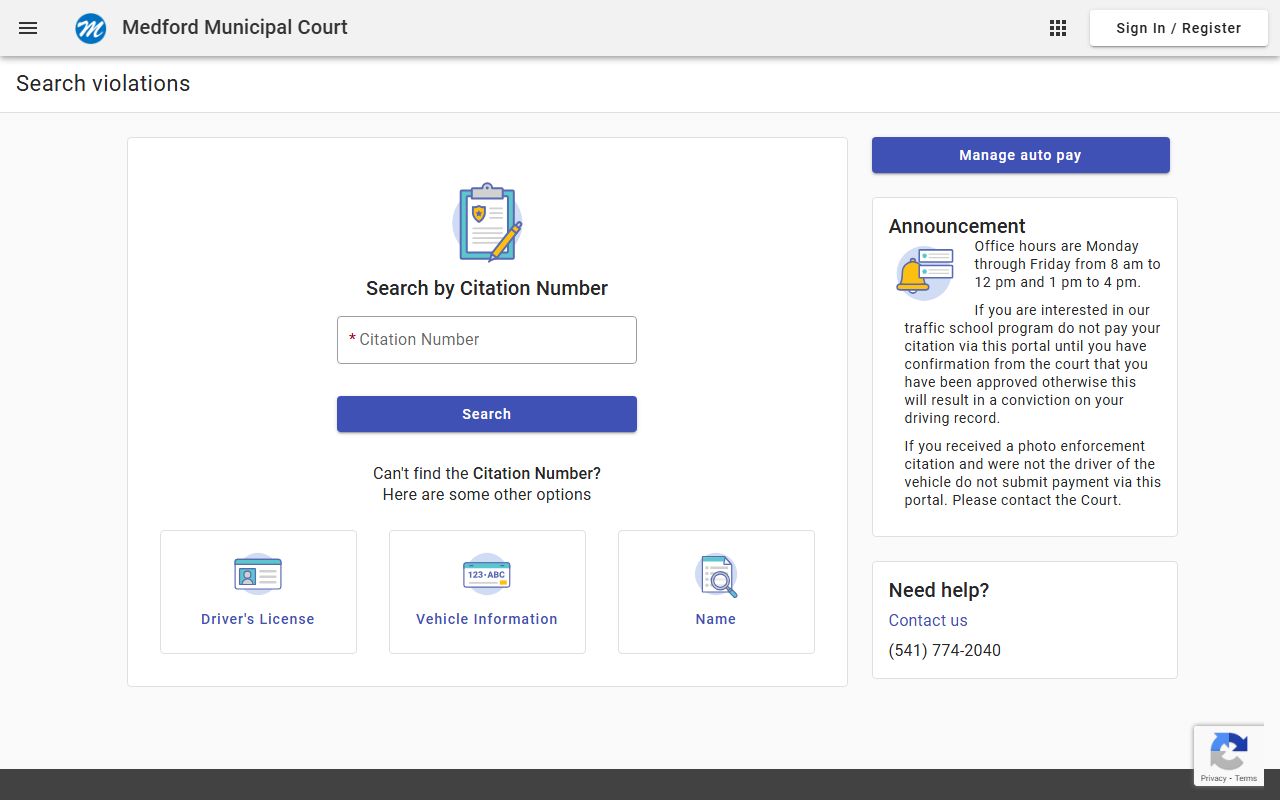 Medford online payment portal for traffic ticket records and citations