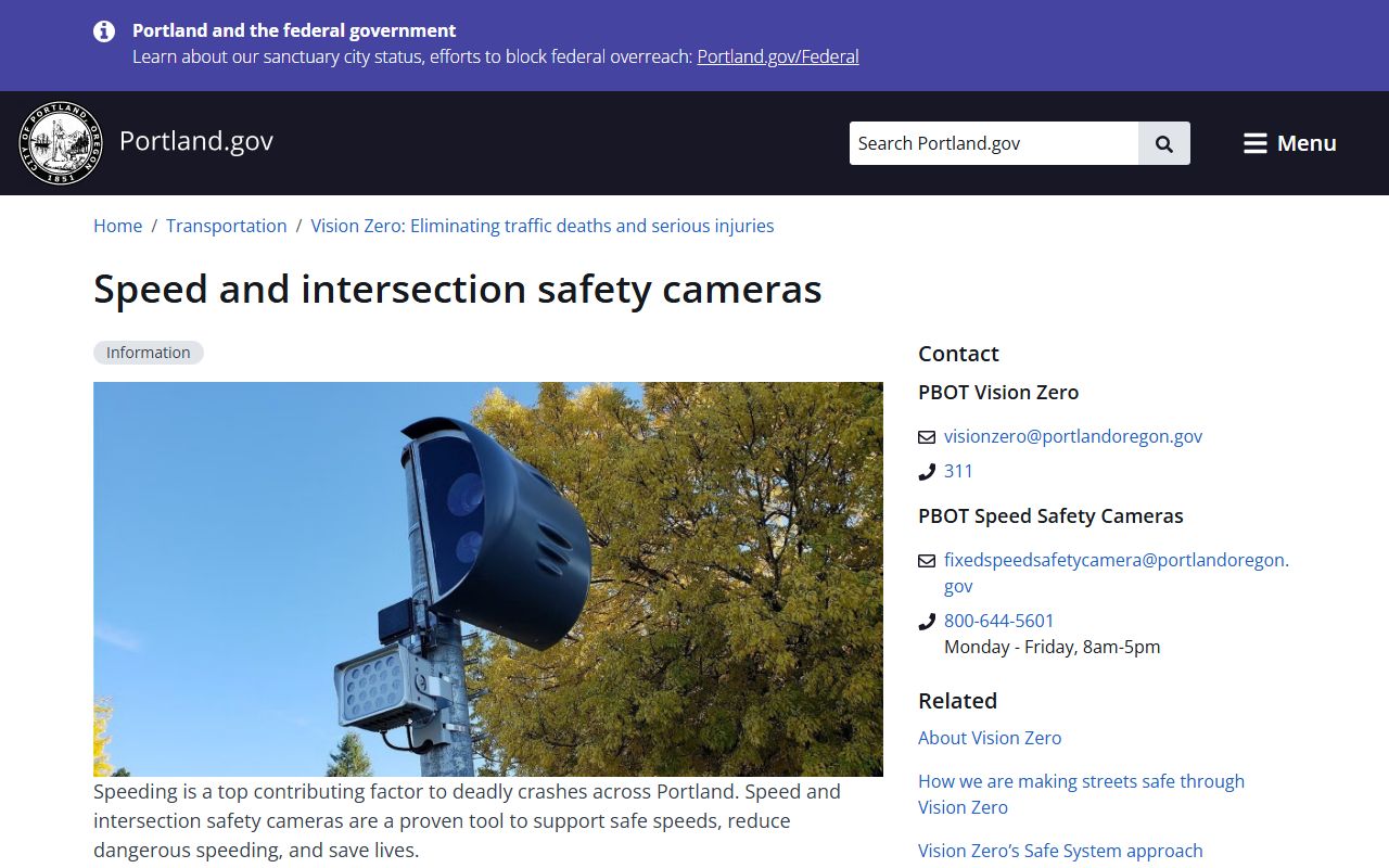 PBOT safety cameras page for Portland traffic ticket records and violations