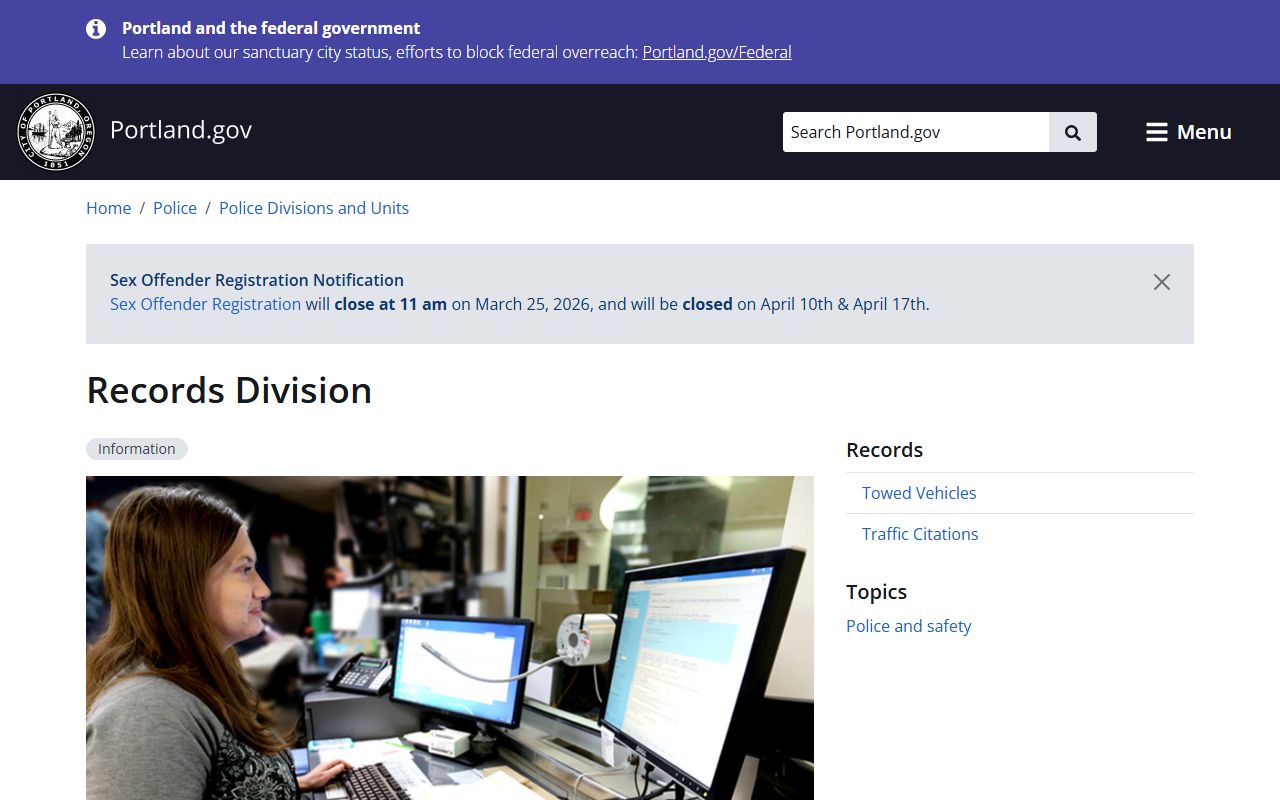 Portland Police Records Division page for traffic ticket records requests