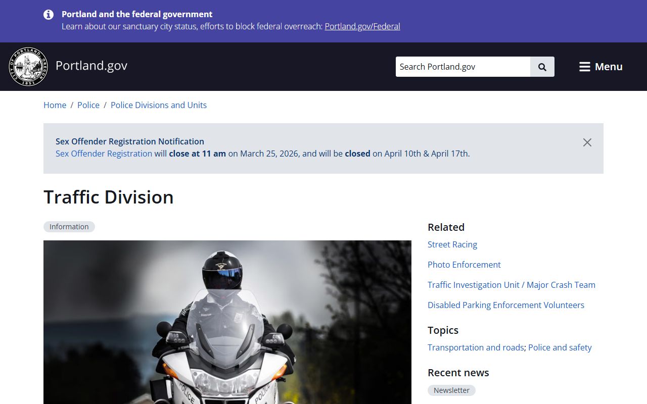 Portland Police Traffic Division overview for traffic ticket records enforcement
