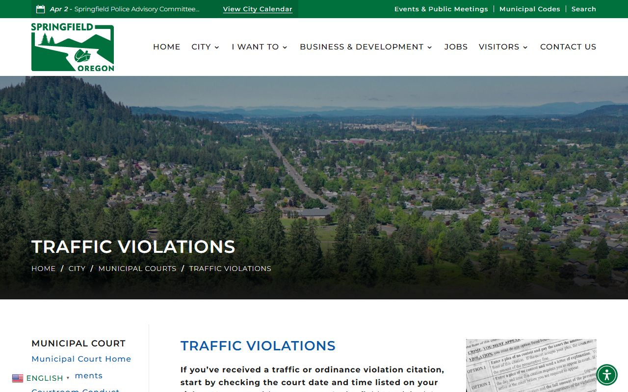 Springfield traffic violations page showing Violations Bureau options for traffic ticket records
