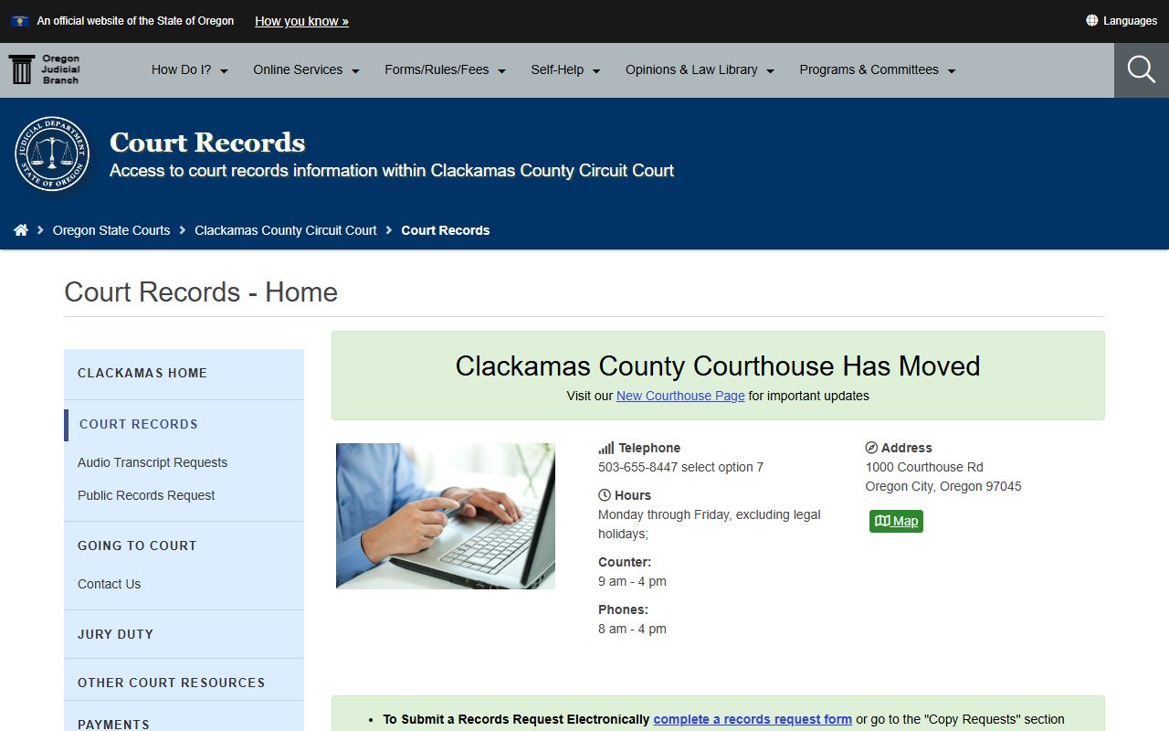 Clackamas County Circuit Court records page for traffic ticket records