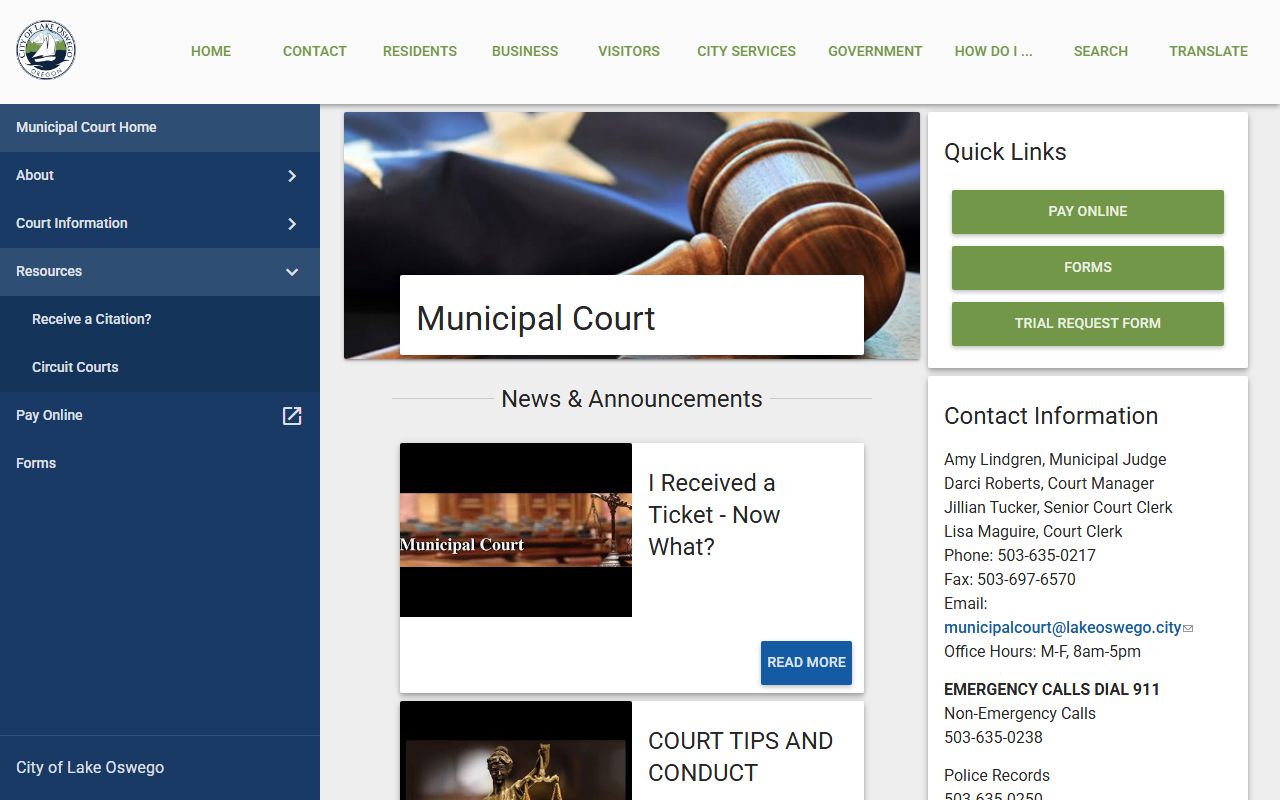 Lake Oswego Municipal Court page for Clackamas County traffic ticket records