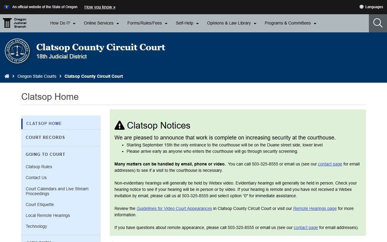 Clatsop County Circuit Court website for traffic ticket records
