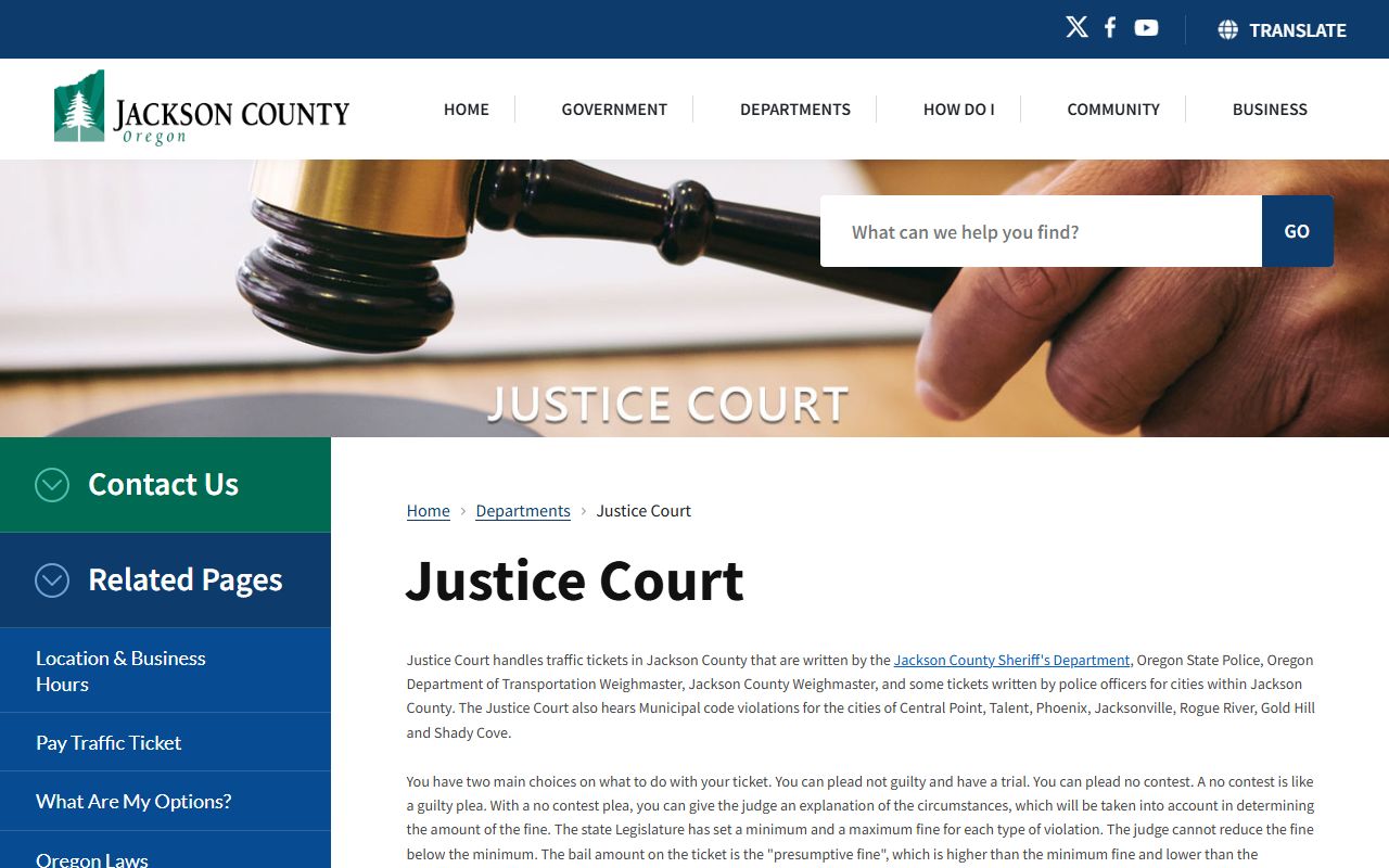 Jackson County Justice Court page for traffic ticket records