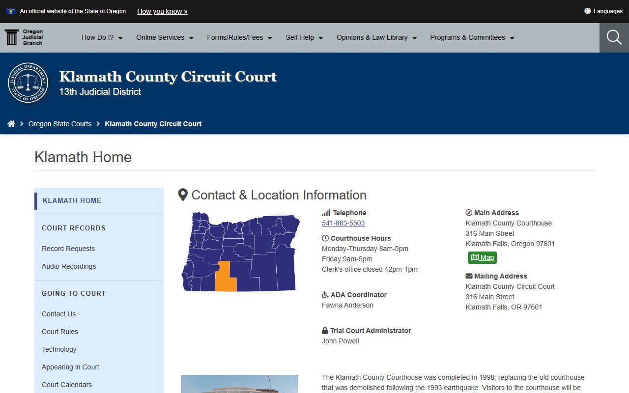Klamath County Circuit Court website for traffic ticket records