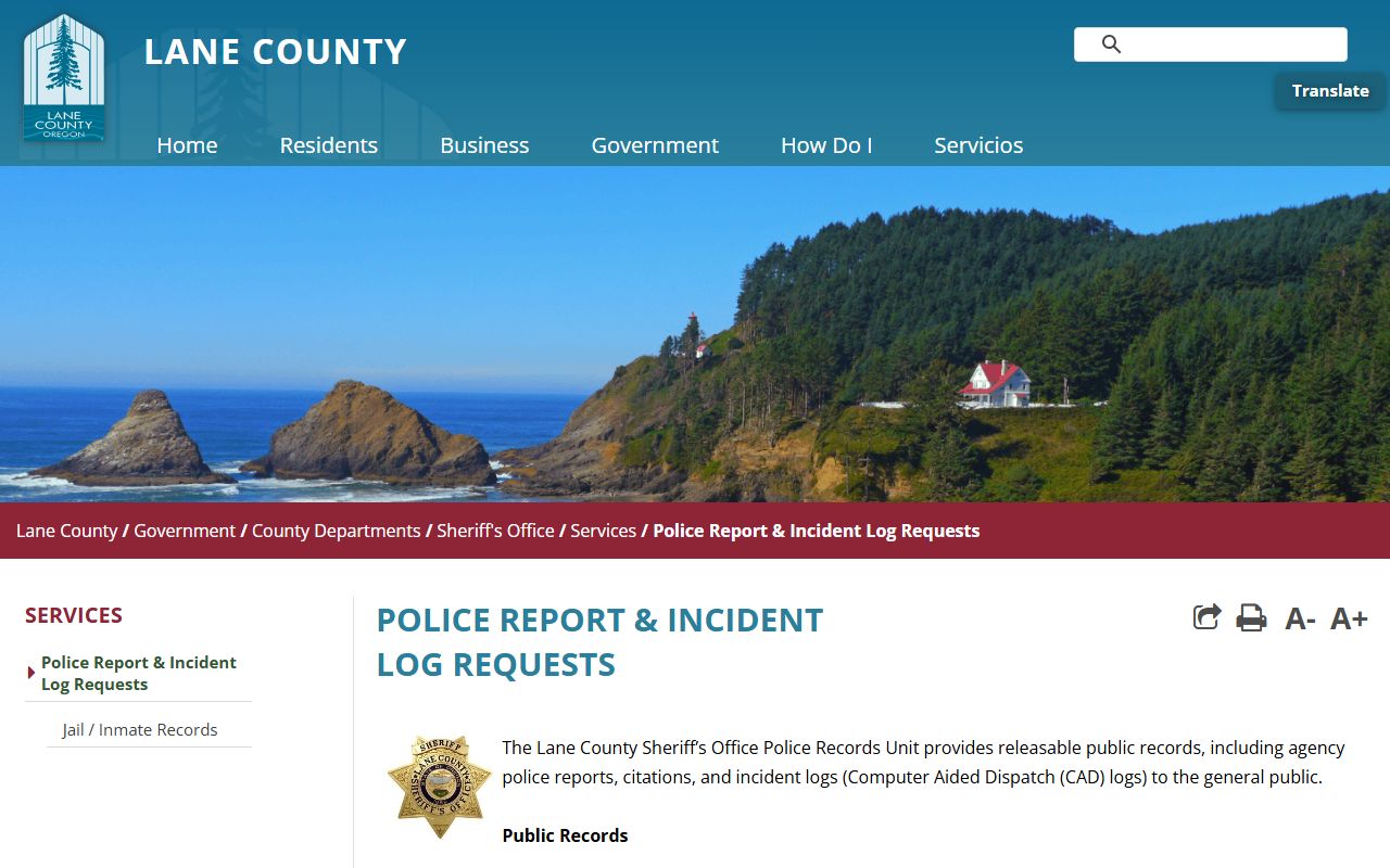 Lane County Sheriff records request page for traffic ticket records
