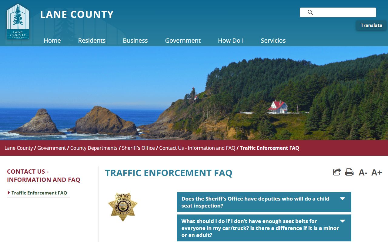 Lane County Sheriff traffic enforcement FAQ page