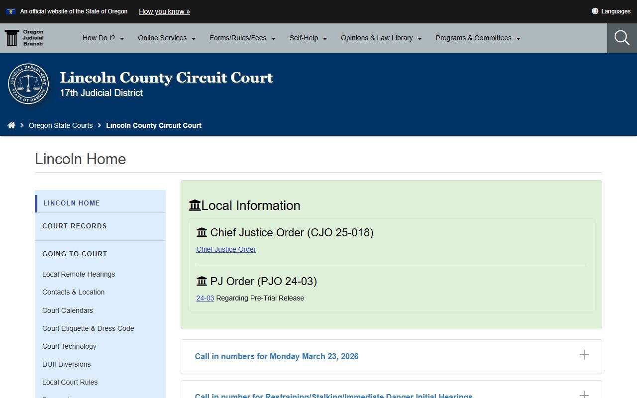 Lincoln County Circuit Court website for traffic ticket records