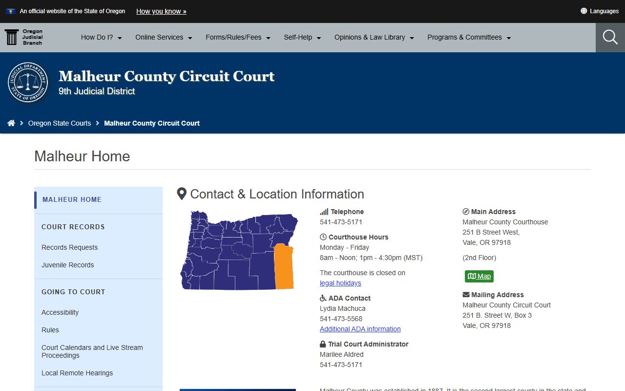Malheur County Circuit Court website for traffic ticket records
