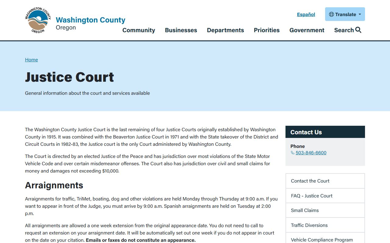Washington County Justice Court website for traffic ticket records