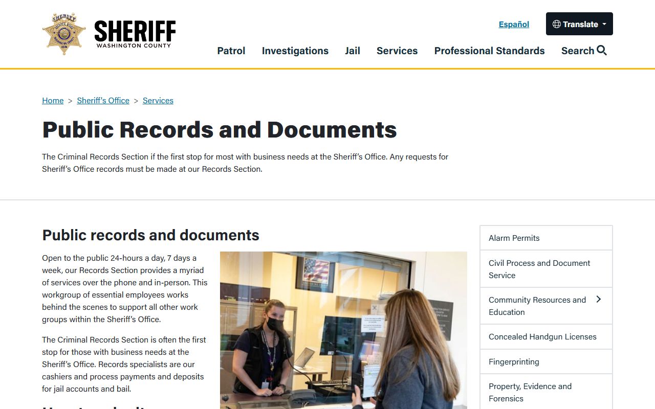 Washington County Sheriff records page for traffic ticket records