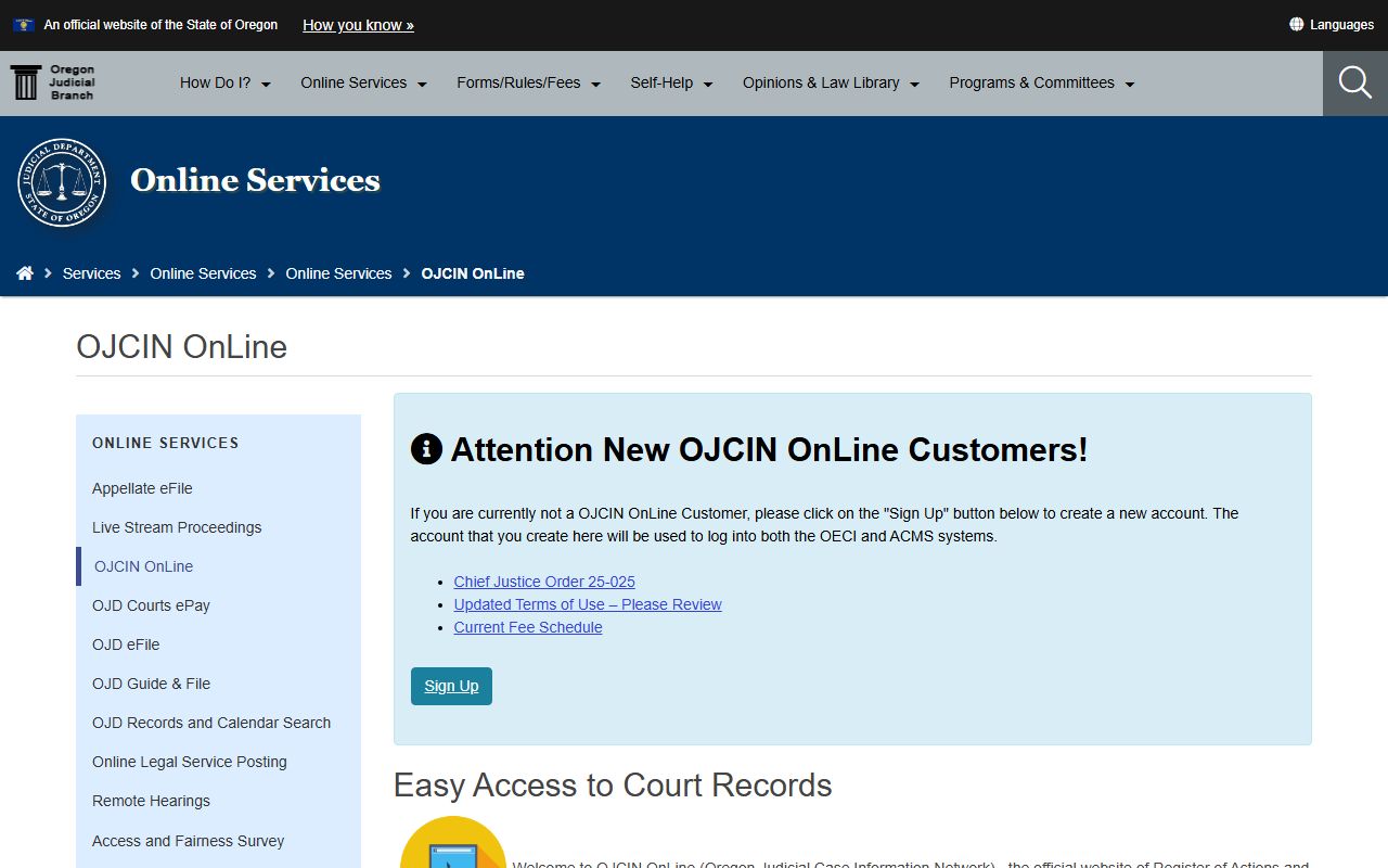 OJCIN Online subscription service for searching Oregon court records