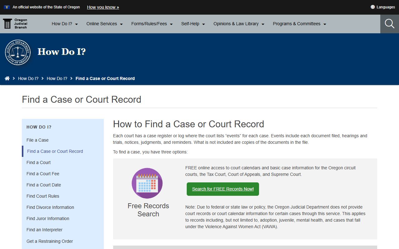 Oregon Judicial Department Find a Case page for locating traffic records