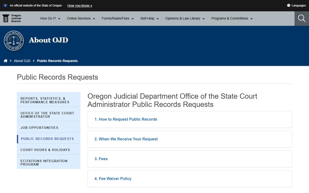 Oregon Judicial Department public records request page