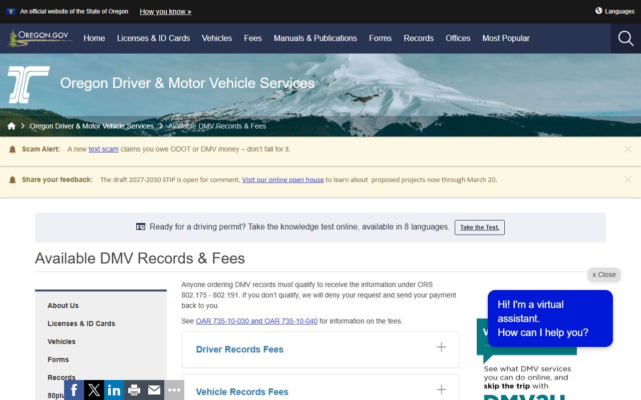 Oregon DMV driving records page showing available record types