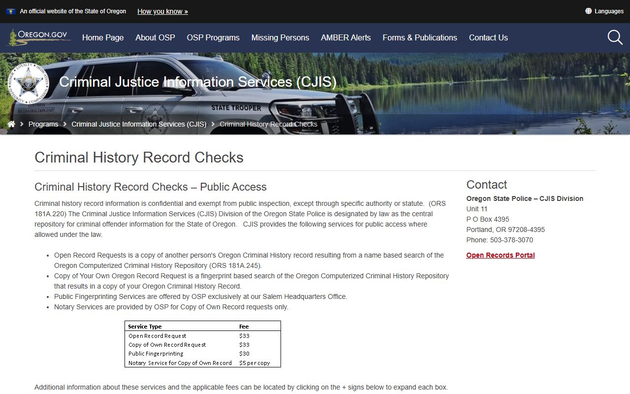 Oregon State Police CJIS Division criminal history check page